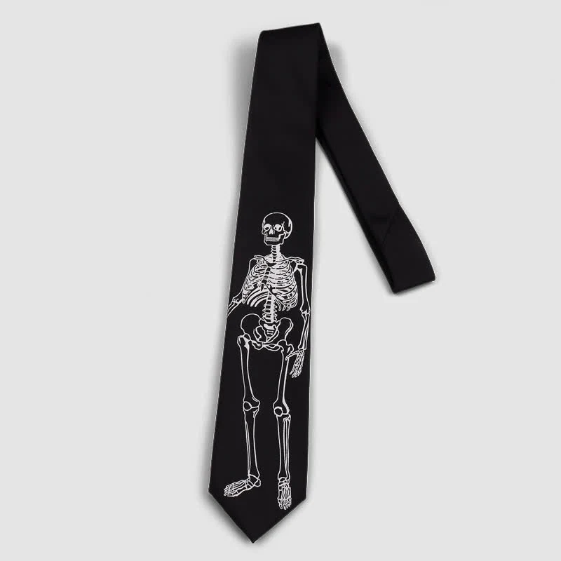 Black & White Embroidered Skull Skeleton Halloween Necktie - Image 4