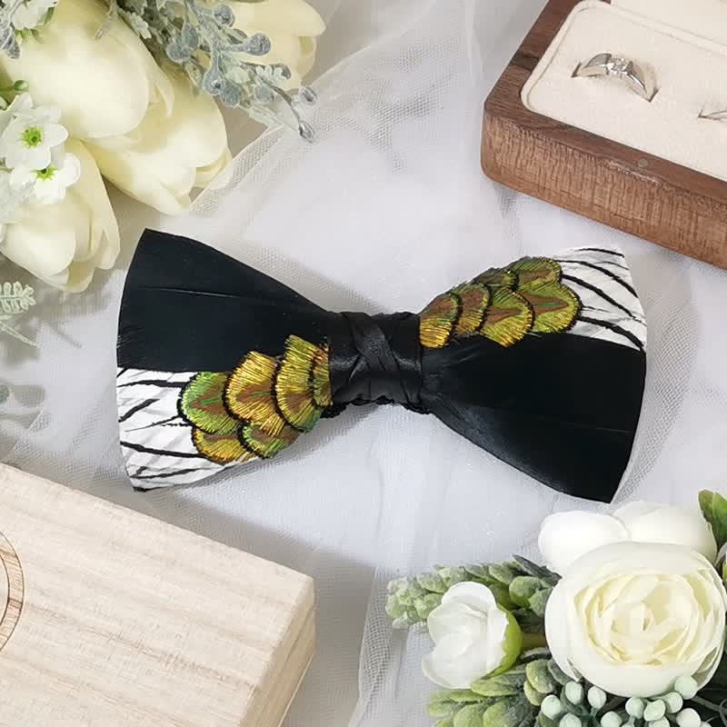 Black & White Patchwork Peacock Feather Bow Tie - Image 4