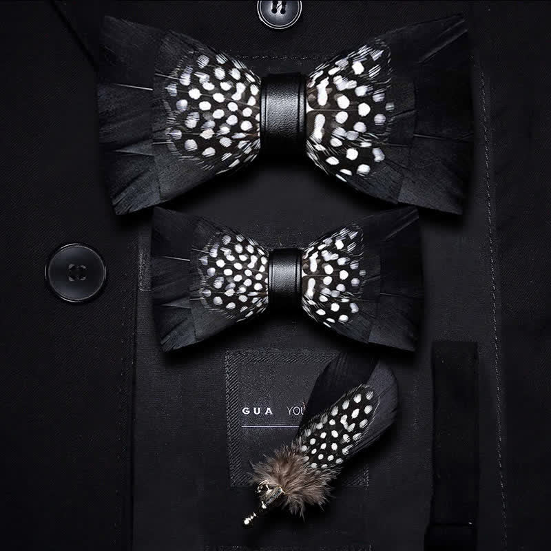 Black & White Dots Feather Bow Tie with Lapel Pin - Image 7