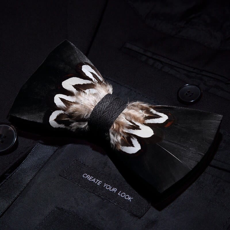 Black & White Pattern Feather Bow Tie with Lapel Pin - Image 2