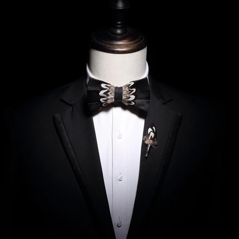 Black & White Pattern Feather Bow Tie with Lapel Pin - Image 3