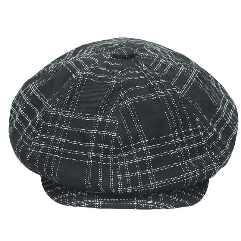 Black & White Plaid Simple Octagonal Cowboy Beret Hat - Image 2