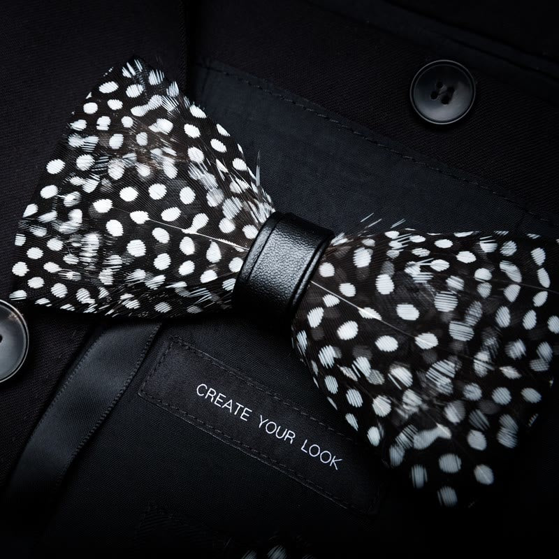 Black & White Polka Dot Feather Bow Tie with Lapel Pin - Image 2