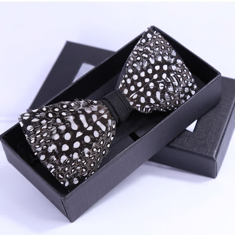 Black & White Polka Dotted Feather Bow Tie with Lapel Pin - Image 3