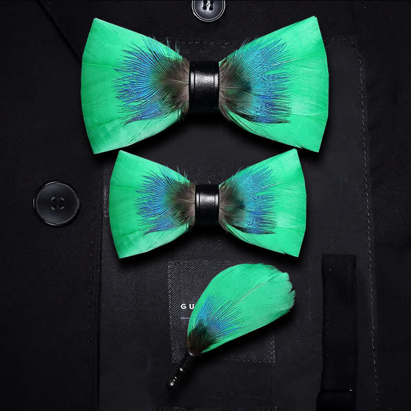 Blue & Green Novelty Feather Bow Tie with Lapel Pin - Image 7