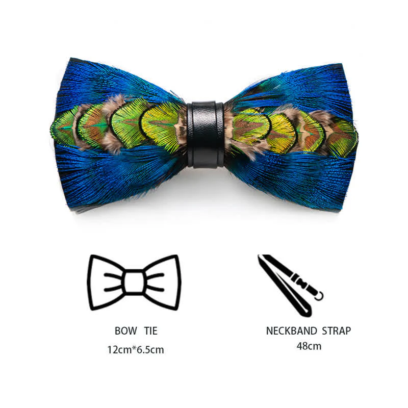 Blue & Green-yellow Feather Bow Tie with Lapel Pin - Image 4