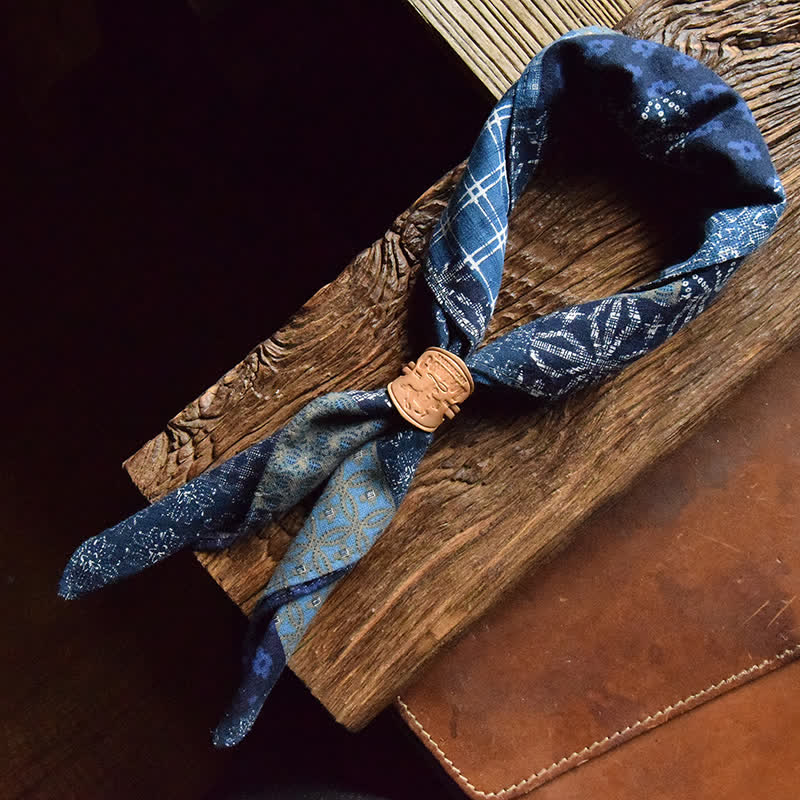 Blue Patchwork Square Scarf with Leather Scarf Buckle - Image 10