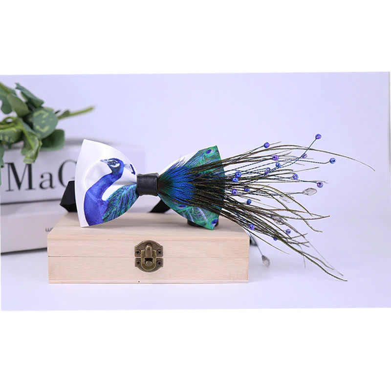 Blue Peacock Tail Beaded Feather Bow Tie - Image 2