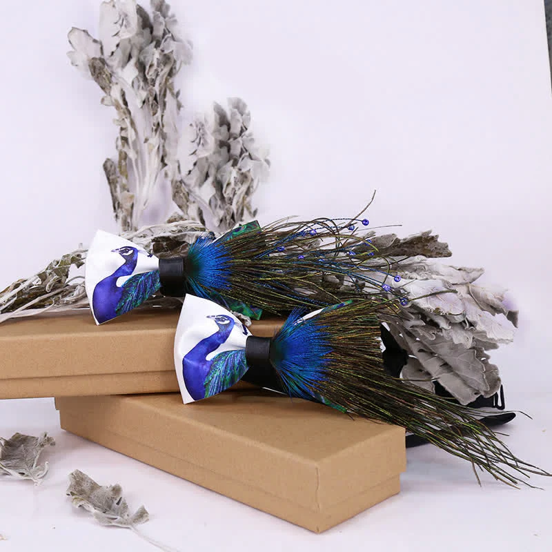 Blue Peacock Tail Beaded Feather Bow Tie - Image 3