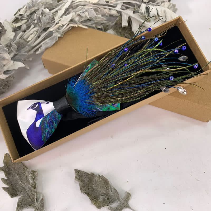 Blue Peacock Tail Beaded Feather Bow Tie - Image 4