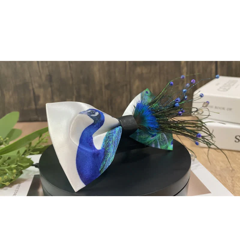Blue Peacock Tail Beaded Feather Bow Tie - Image 7
