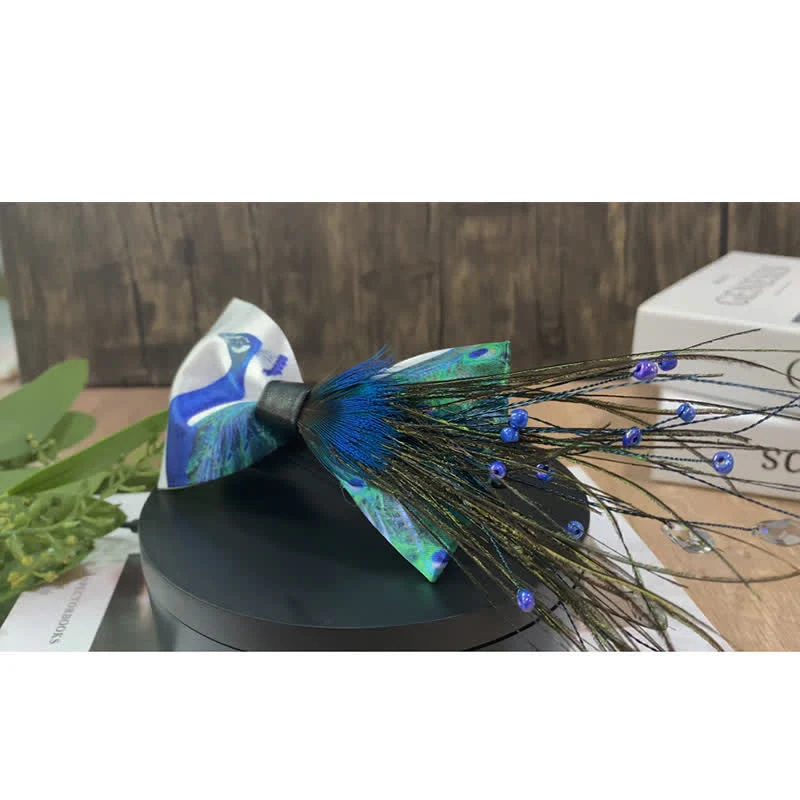 Blue Peacock Tail Beaded Feather Bow Tie - Image 8