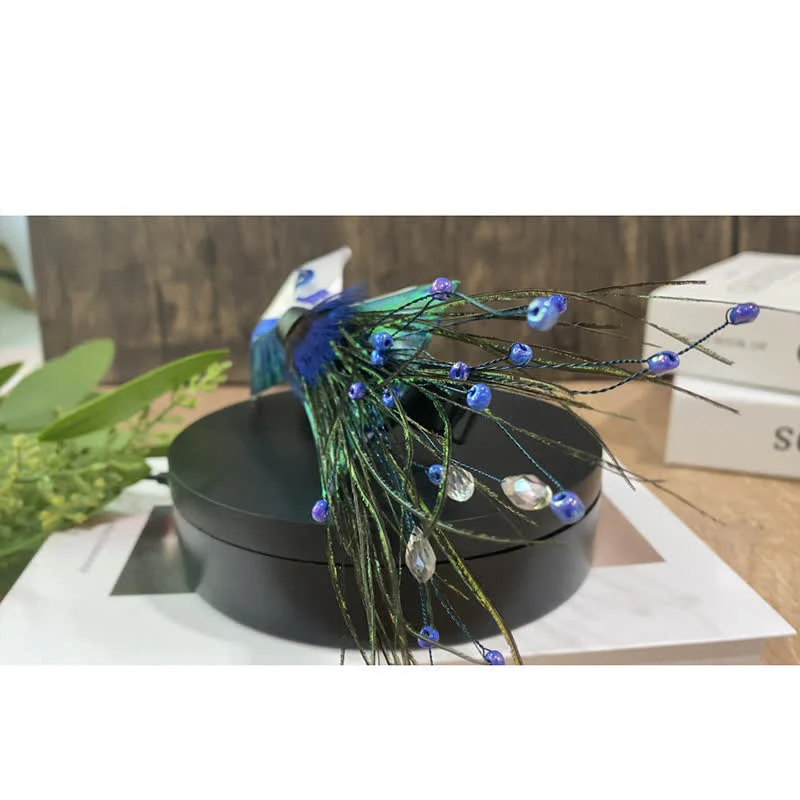 Blue Peacock Tail Beaded Feather Bow Tie - Image 9