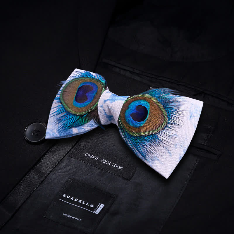Blue & White Dye Eye Peacock Feather Bow Tie - Image 3