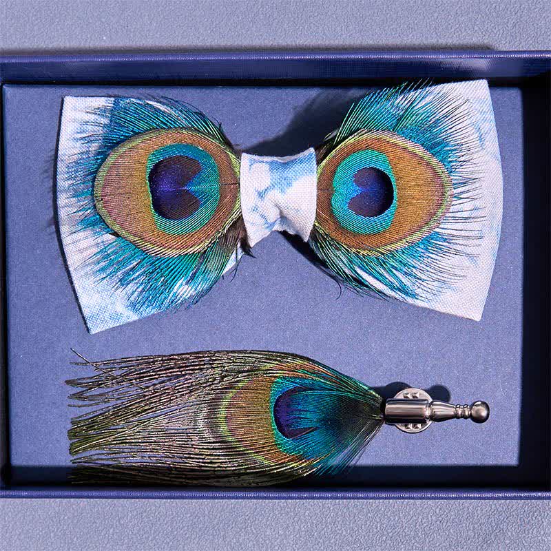 Blue & White Dye Eye Peacock Feather Bow Tie - Image 4