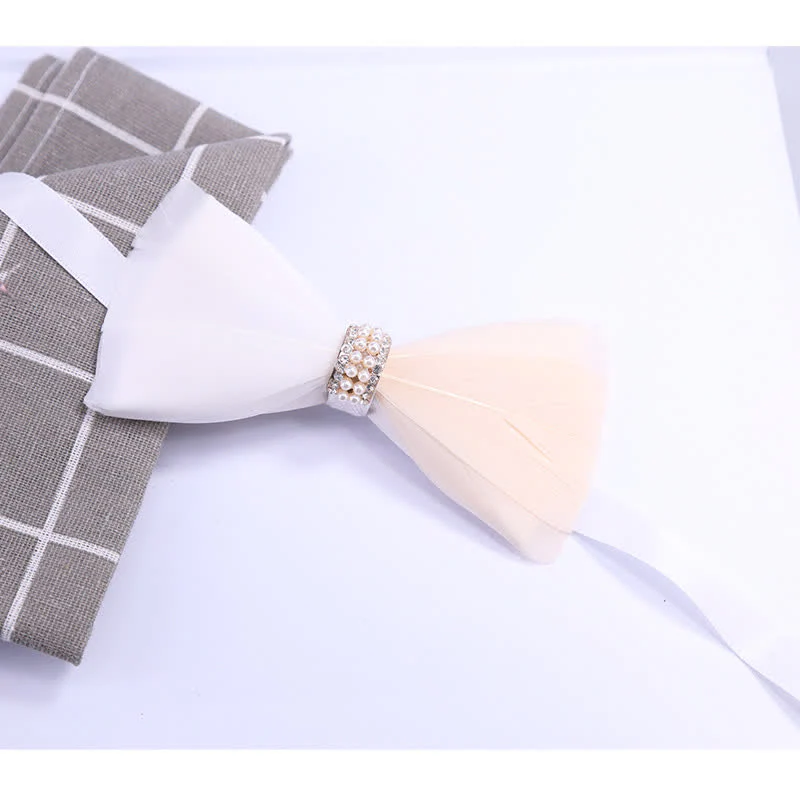 Blush & White Shiny Pearl Feather Bow Tie with Lapel Pin - Image 3