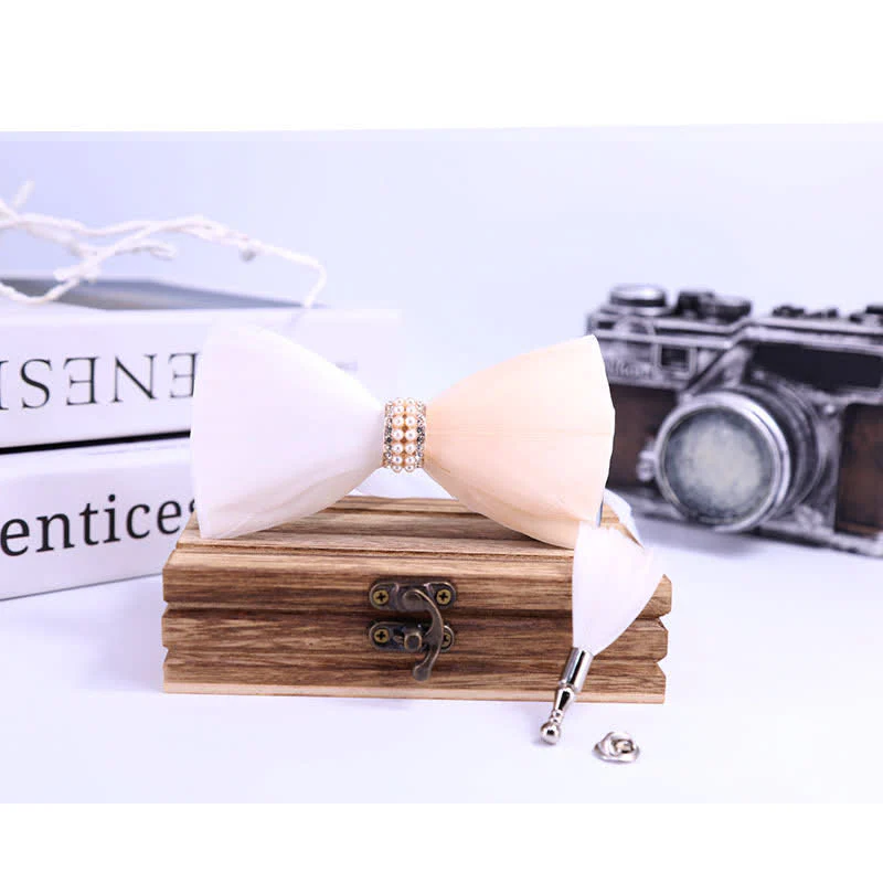 Blush & White Shiny Pearl Feather Bow Tie with Lapel Pin - Image 4