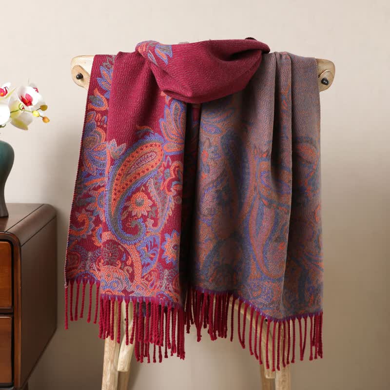 Boho-Chic Aesthetics Paisley Jacquard Tassels Scarf - Image 6