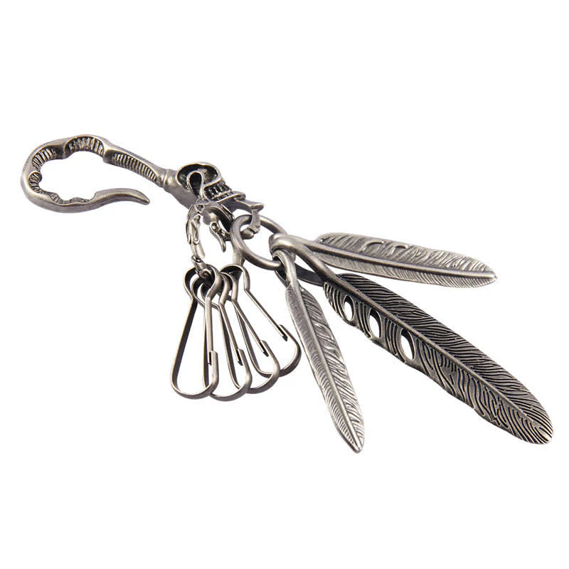 Boho Skull Feathers Blue Turquoise Leather Keychain - Image 10