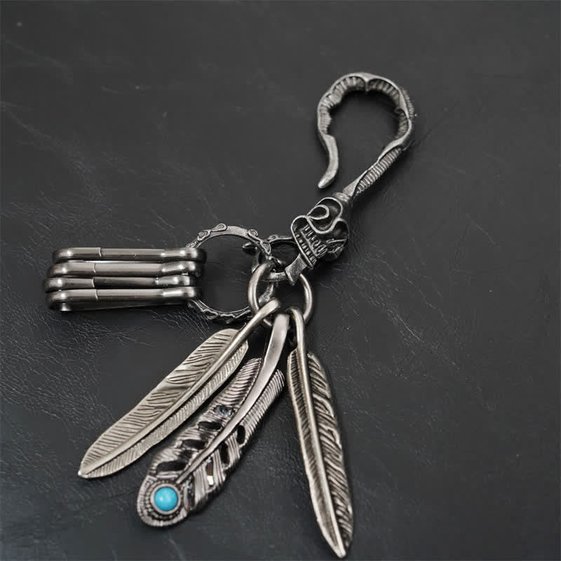 Boho Skull Feathers Blue Turquoise Leather Keychain - Image 6