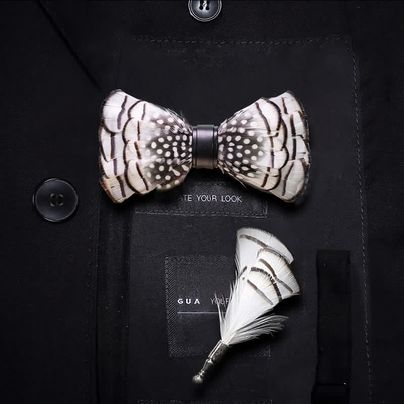 Bold Black & White Polka Feather Bow Tie with Lapel Pin - Image 4