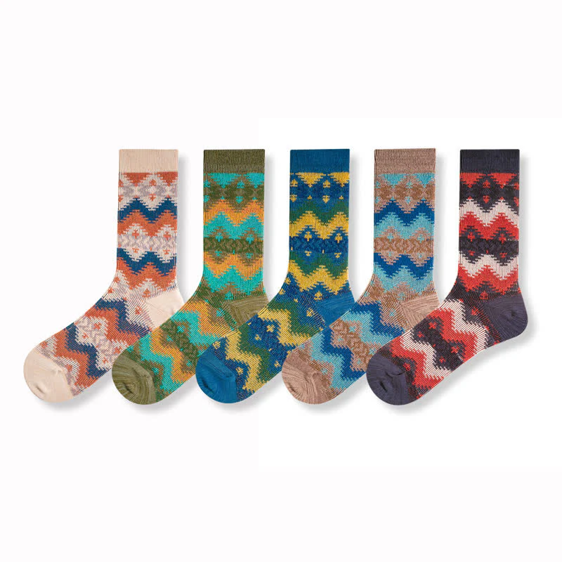 Bright Tribal Wave Pattern Cotton Crew Socks - Image 2