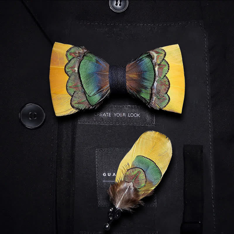 Bright Yellow & Green Peacock Feather Bow Tie with Lapel Pin - Image 6