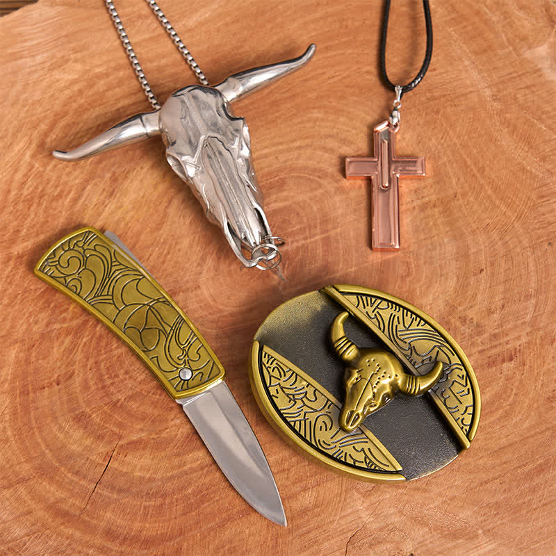 Bronze Bull DIY Hidden Knife Belt Buckle Cross Necklace Bundle Set - Image 3