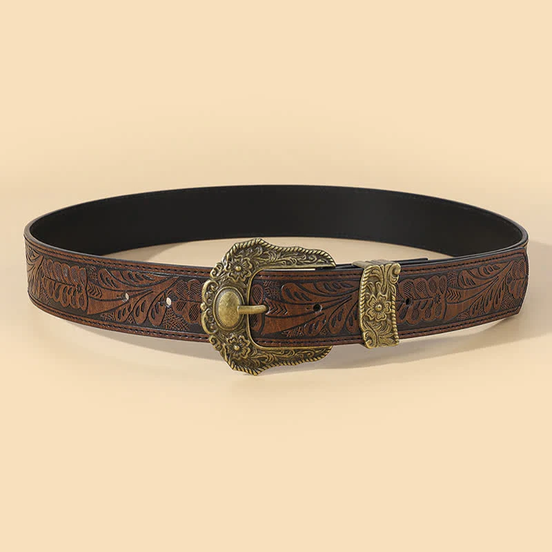 Bronze Carved Buckle Boho Floral Embossment Leather Belt - Image 2