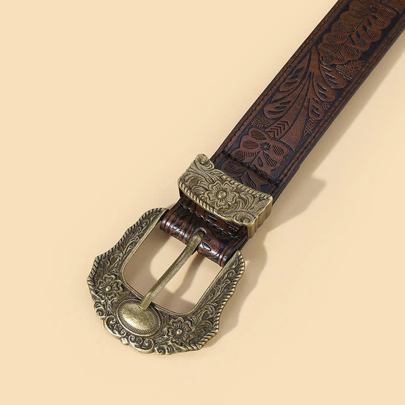 Bronze Carved Buckle Boho Floral Embossment Leather Belt - Image 3