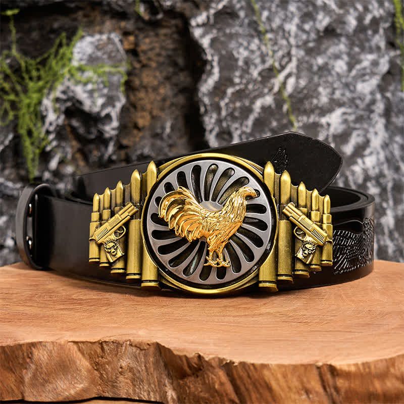 Bronze Rooster DIY Gun & Bullet Pattern Rotating Buckle Leather Belt - Image 3