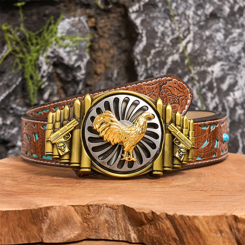 Bronze Rooster DIY Gun & Bullet Pattern Rotating Buckle Leather Belt - Image 4