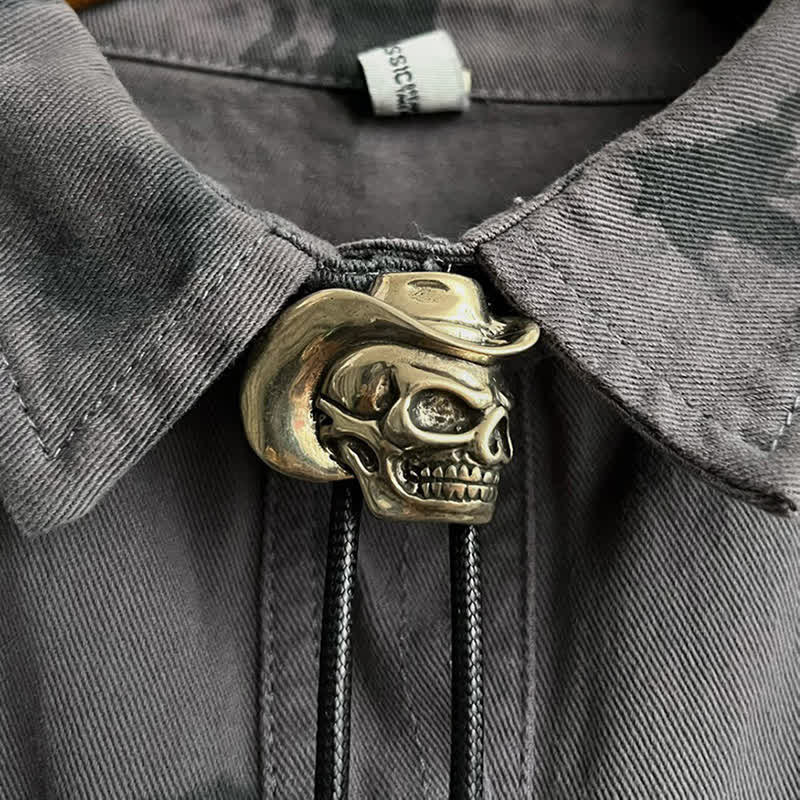 Bronze Skull With Cowboy Hat Bolo Tie - Image 2