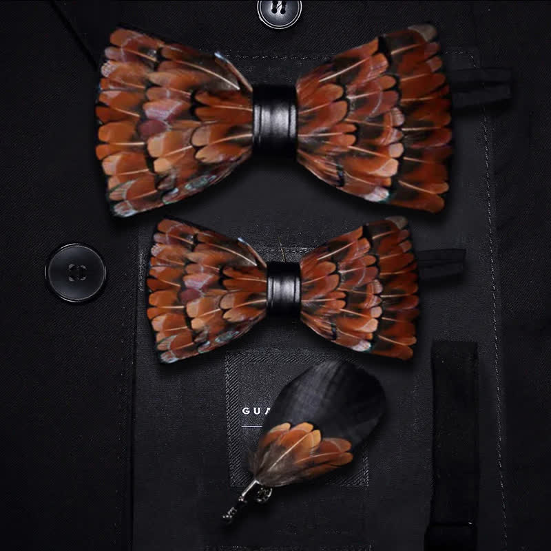 Brown & Black Trim Feather Bow Tie with Lapel Pin - Image 6