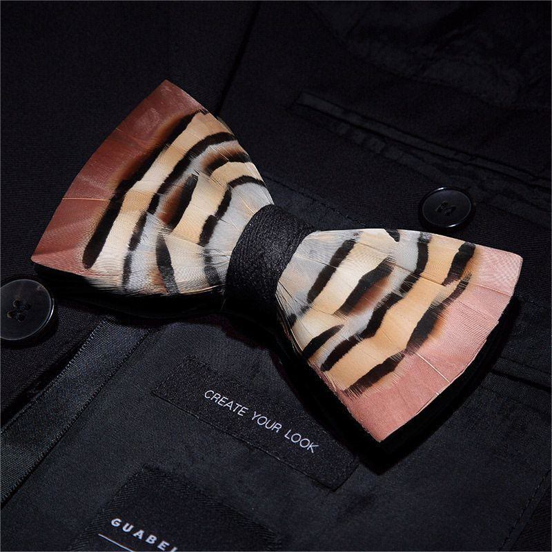 Brown & LightCoral Genius Chinchilla Feather Bow Tie with Lapel Pin - Image 2