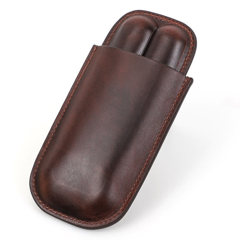 Brown Portable Cigar Humidor Leather Cigar Case (for Two Cigars) - Image 2