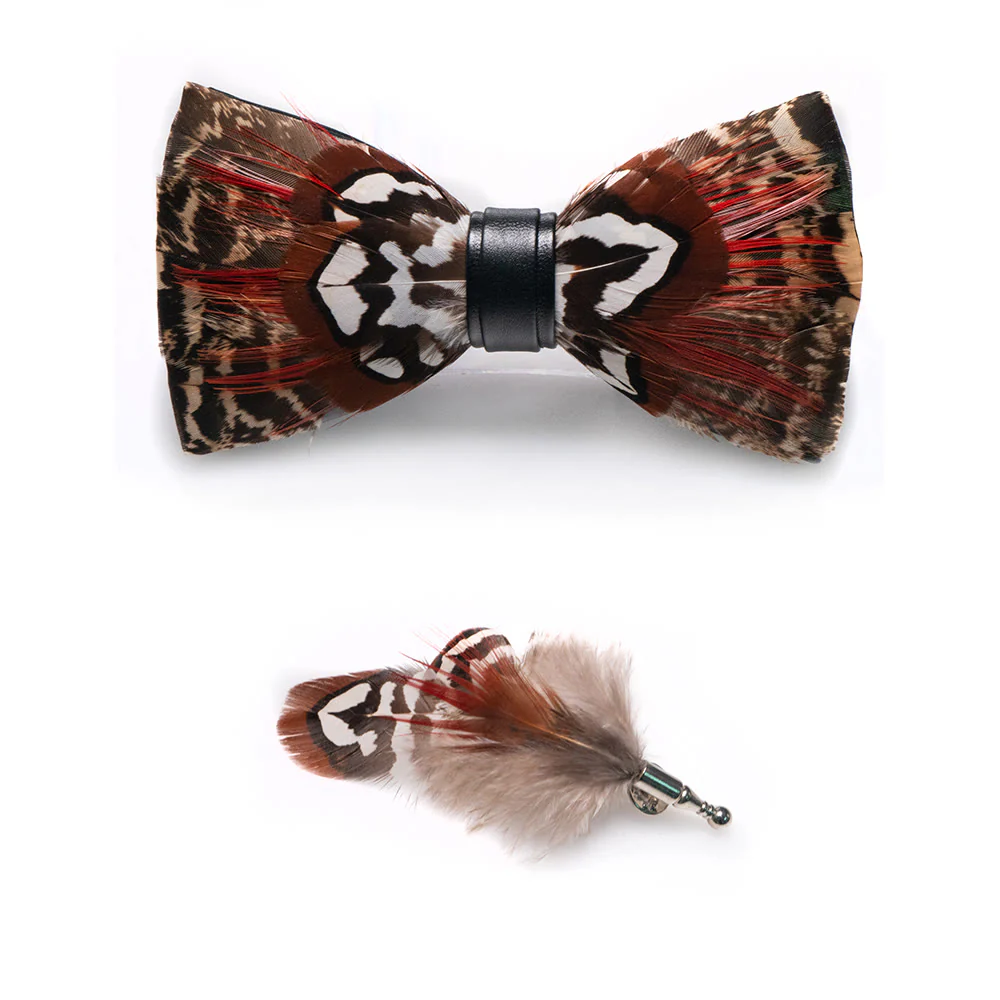 Brown & Red Feather Bow Tie with Lapel Pin - Image 3