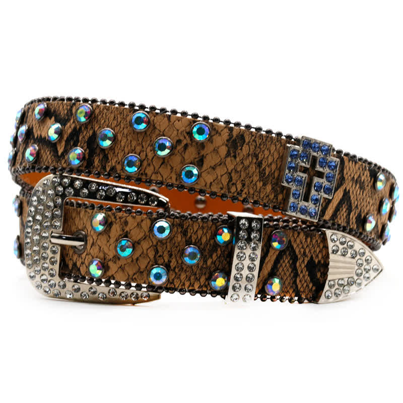 Brown Snake Pattern Sparkling Cross Rivets Leather Belt - Image 3