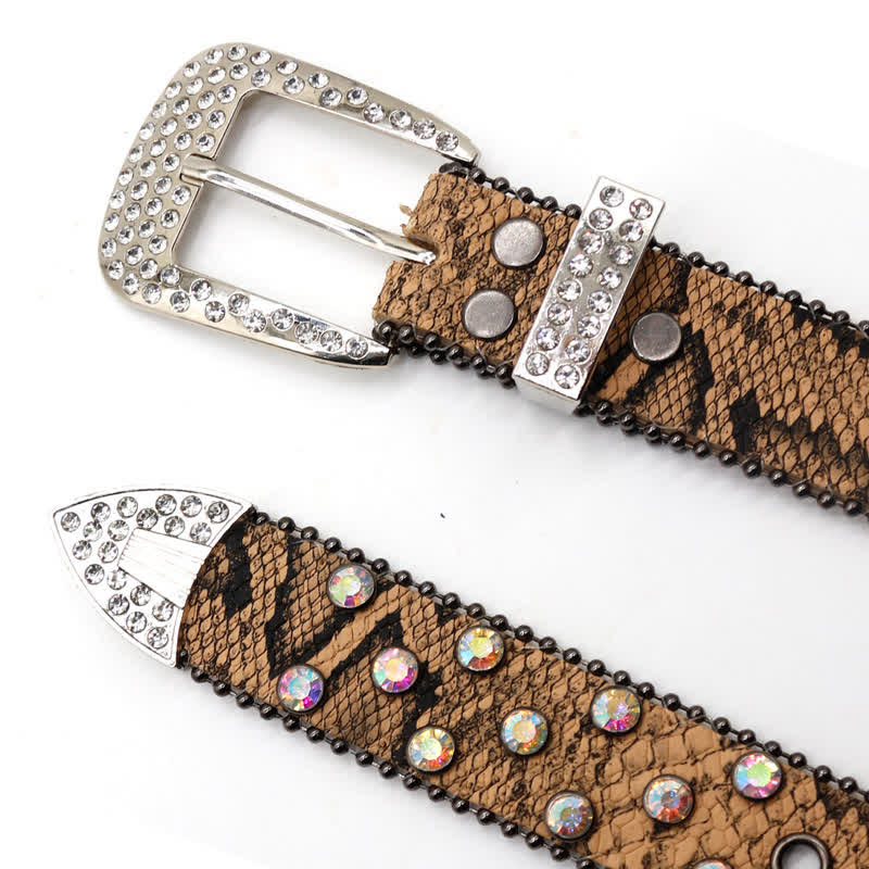 Brown Snake Pattern Sparkling Cross Rivets Leather Belt - Image 5