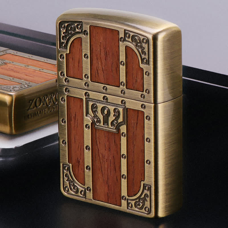 Brown Wood Ancient Door Brass Etching Refillable Kerosene Lighter - Image 2