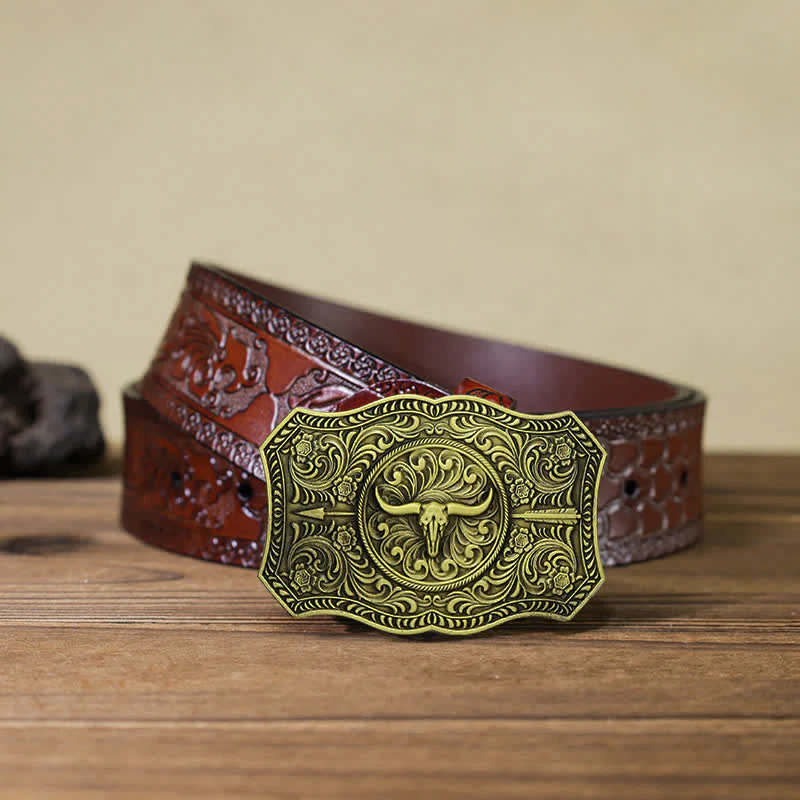 Men's DIY Long Horn Bull Arrow Buckle Leather Belt - Image 20