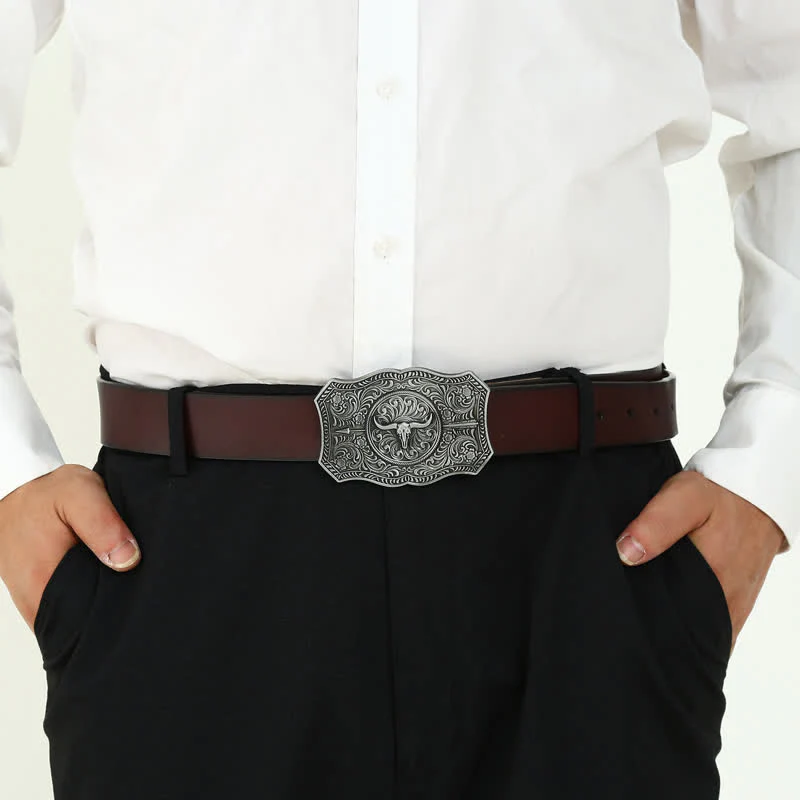 Men's DIY Long Horn Bull Arrow Buckle Leather Belt - Image 3