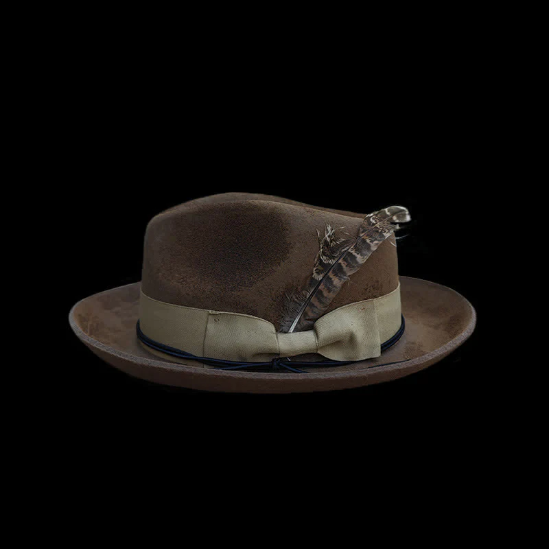 Camel Distressed Feather Decoration Felt Cowboy Hat - Image 2