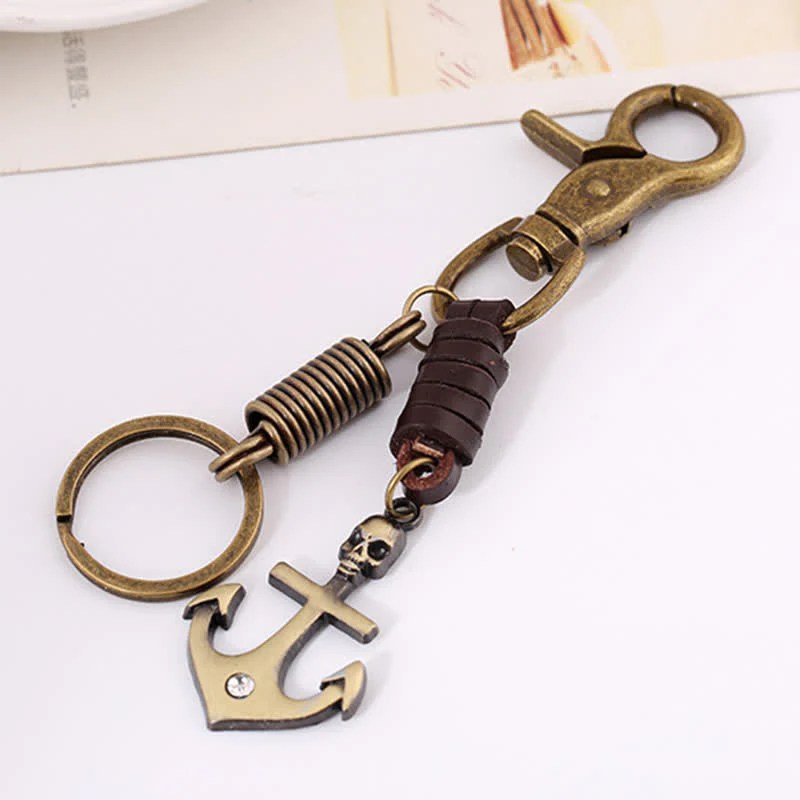 Charming Boat Anchor Skull Leather Keychain - Image 5