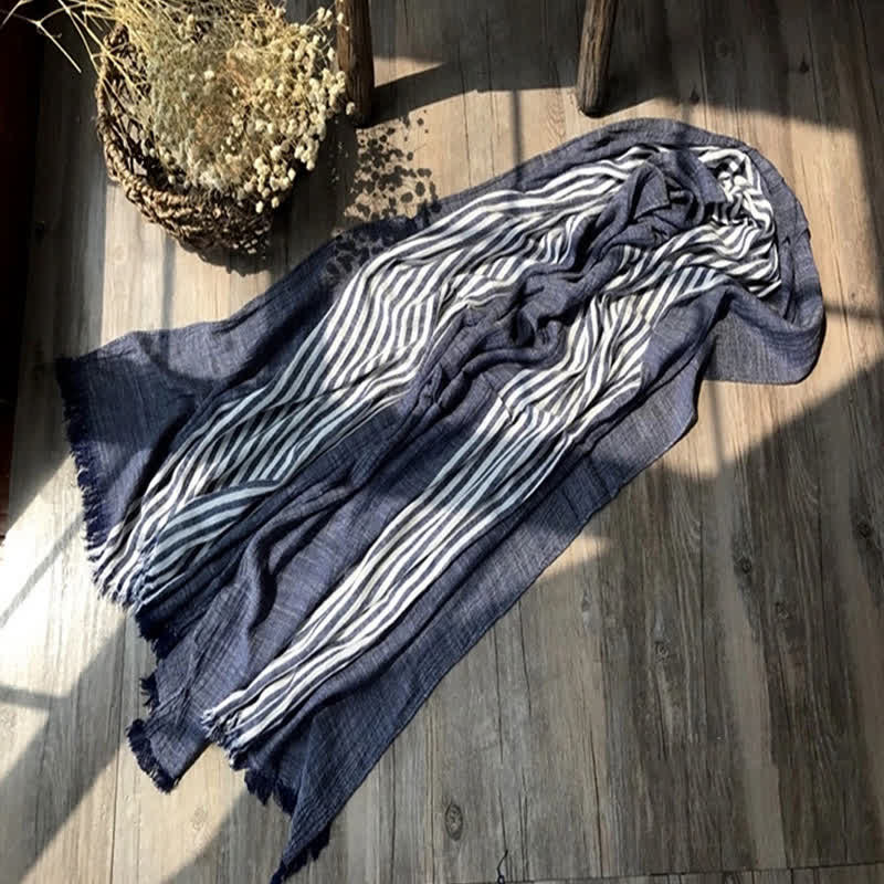 Classic Stripes Pattern Thin Cotton Blend Pleated Art Scarf - Image 2