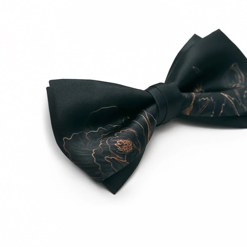 Clearance: Men's Lotus Printing Black Double Layered Bow Tie - Image 5