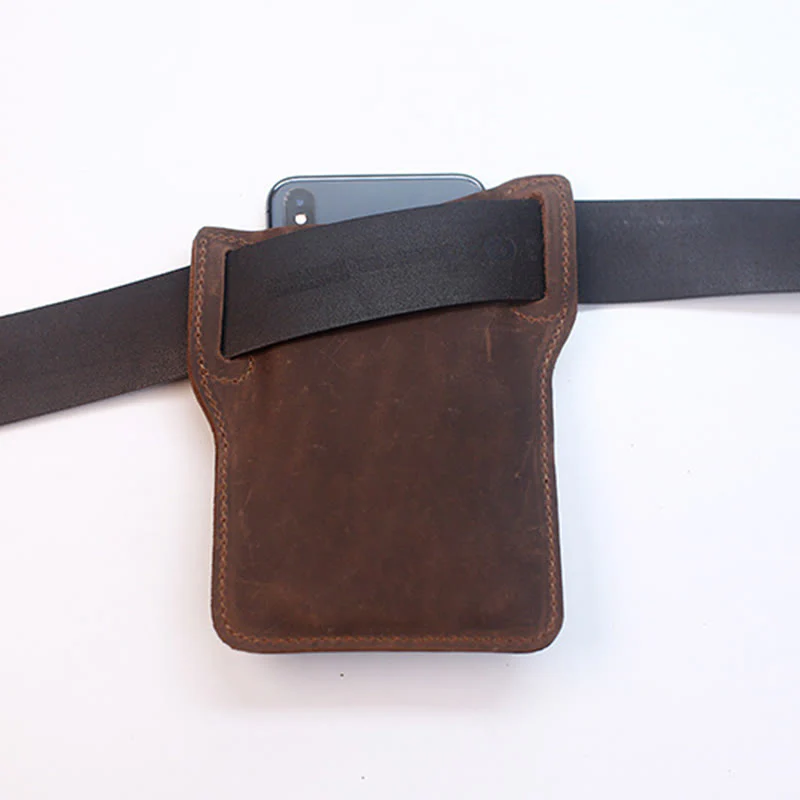 Coffee Mobile Phone Genuine Leather Hanging Waist Belt Bag - Image 12