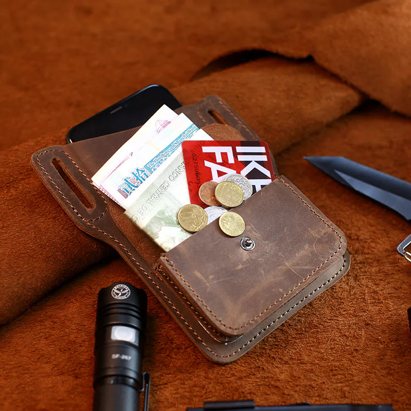 Coffee Mobile Phone Genuine Leather Hanging Waist Belt Bag - Image 4