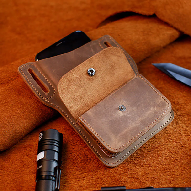 Coffee Mobile Phone Genuine Leather Hanging Waist Belt Bag - Image 5