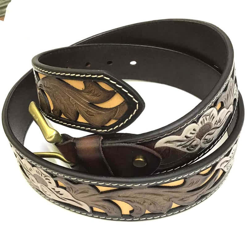 Coffee & White Flower Western Style Carved Leather Belt - Image 2